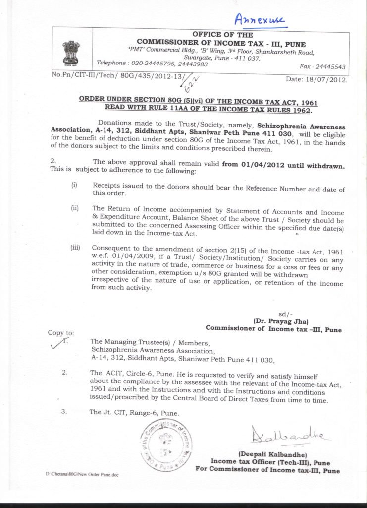 80G Certificate | Schizophrenia Awareness Association