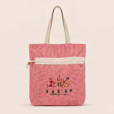 Warli-Painting-Tote-Bag-Pink-1.png Warli Painting Tote Bag Pink