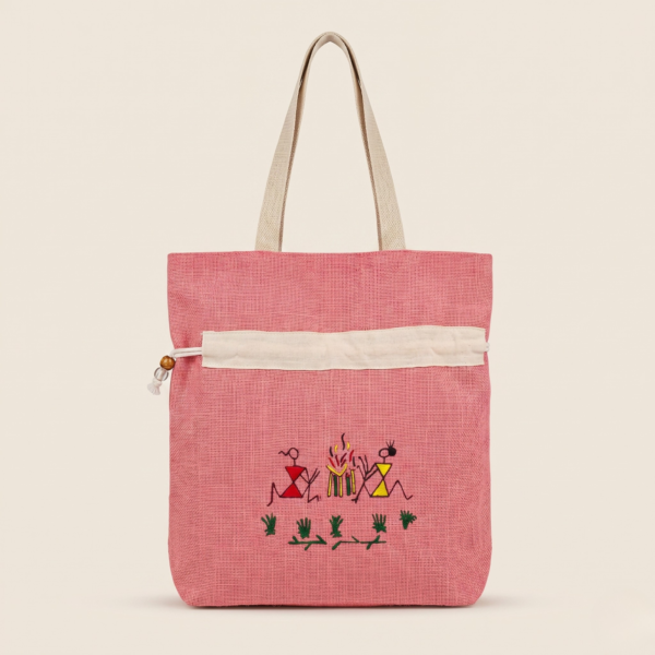 Warli-Painting-Tote-Bag-Pink-1.png Warli Painting Tote Bag Pink