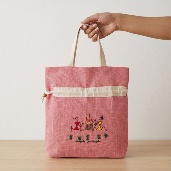 Warli-Painting-Tote-Bag-Pink-2-1.png Warli Painting Tote Bag Pink